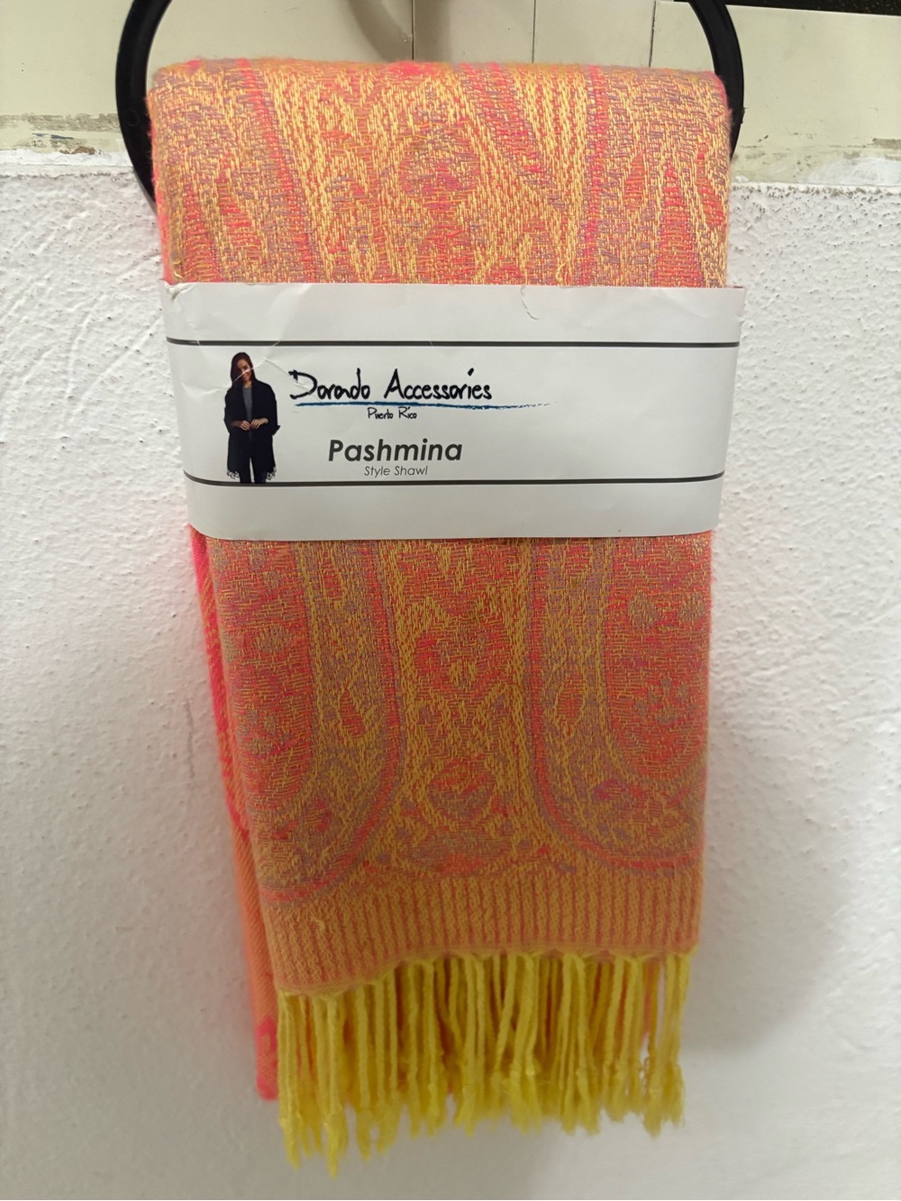 pashmina Coral and Yellow Paisley Jacquard Wrap with Fringe